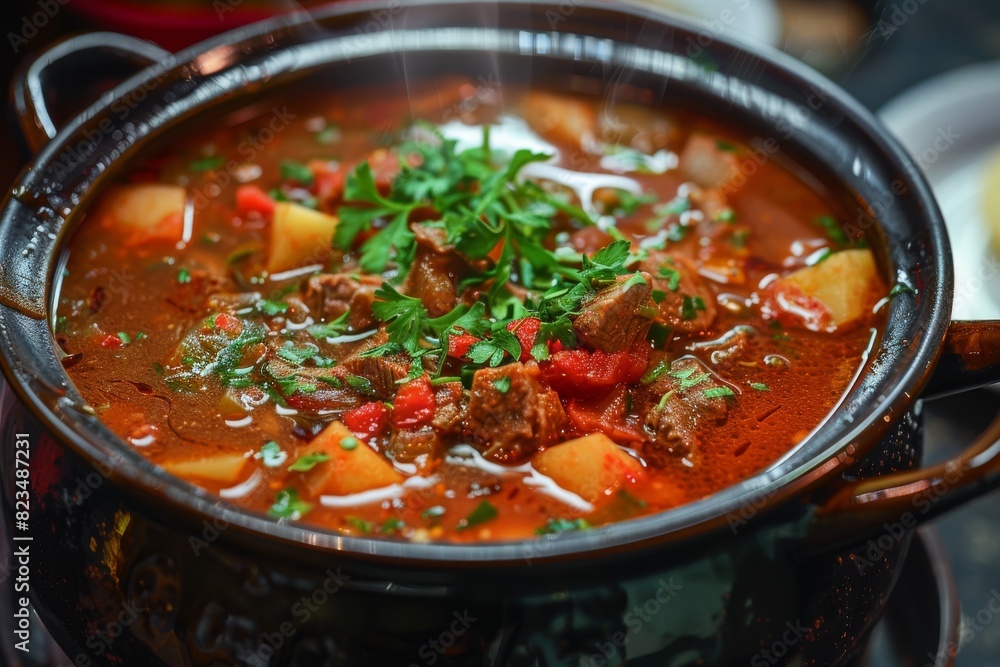 Traditional hungarian goulash soup of beef meat and vegetables close up. Meat stew, red casserole Traditional hungarian goulash soup of beef meat and vegetables close up. Meat stew, red casserole