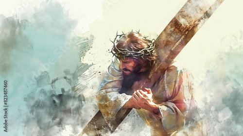 Illustration of Jesus with a crown of thorns, carrying the cross.