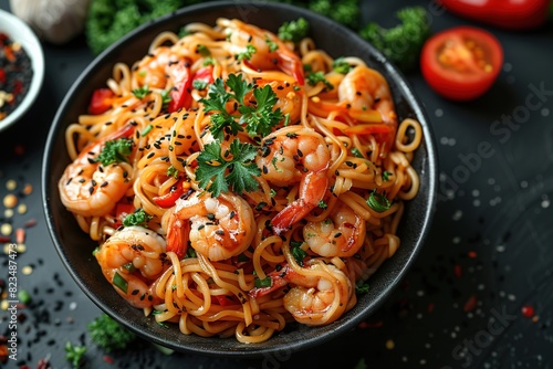 seafood food pasta shrimp spaghetti prawn dish lunch delicious meal dinner italian sauce cuisine plate parsley tasty