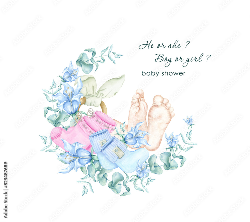 Pair newborn soles, bottom view cute feet. Tiny chubby legs with cute heels and toes. Realistic skin colors. Watercolor illustration on isolated white background with flowers, pacifier, bottle Pair newborn soles, bottom view cute feet. Tiny chubby legs with cute heels and toes. Realistic skin colors. Watercolor illustration on isolated white background with flowers, pacifier, bottle