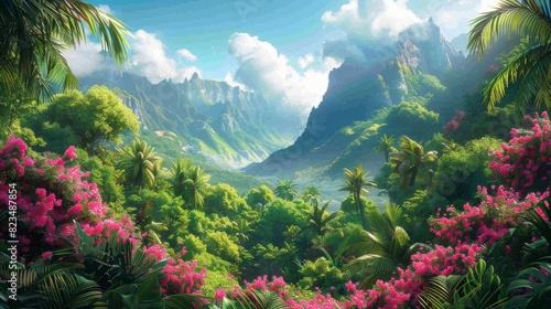 Lush summer forest landscape  Towering tropical trees dominate a vibrant green scene  capturing the essence of a breathtaking spring day.