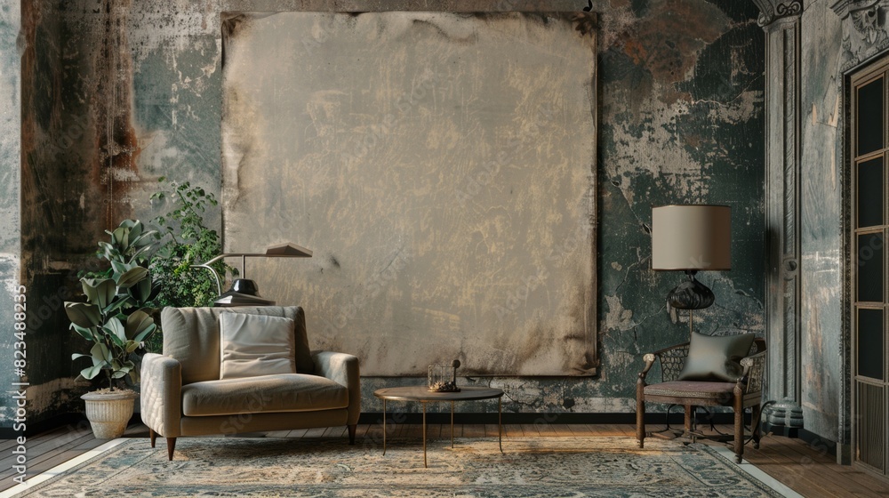 A room with a large white wall and a couch and chair. The room has a rustic feel to it A room with a large white wall and a couch and chair. The room has a rustic feel to it