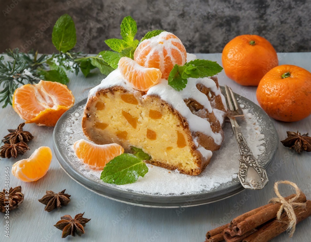 Winterlicher Schüttelkuchen mit frischen Mandarinen und Minze als Dekoration Winterlicher Schüttelkuchen mit frischen Mandarinen und Minze als Dekoration