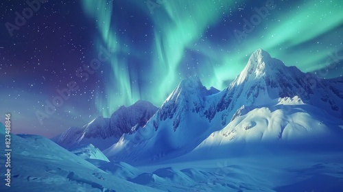 Northern Lights over snowy mountains. Aurora borealis with starry in the night sky. Fantastic Winter Epic Magical Landscape of snowy Mountains. --ar 16 9 Job ID  818db0a7-5d6b-42b5-ba4a-81c5cfc7ad48