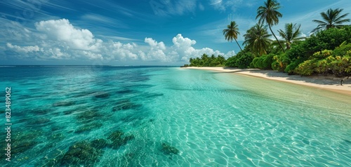 Tropical island paradise with white sandy beaches, turquoise waters, and palm trees swaying in the breeze