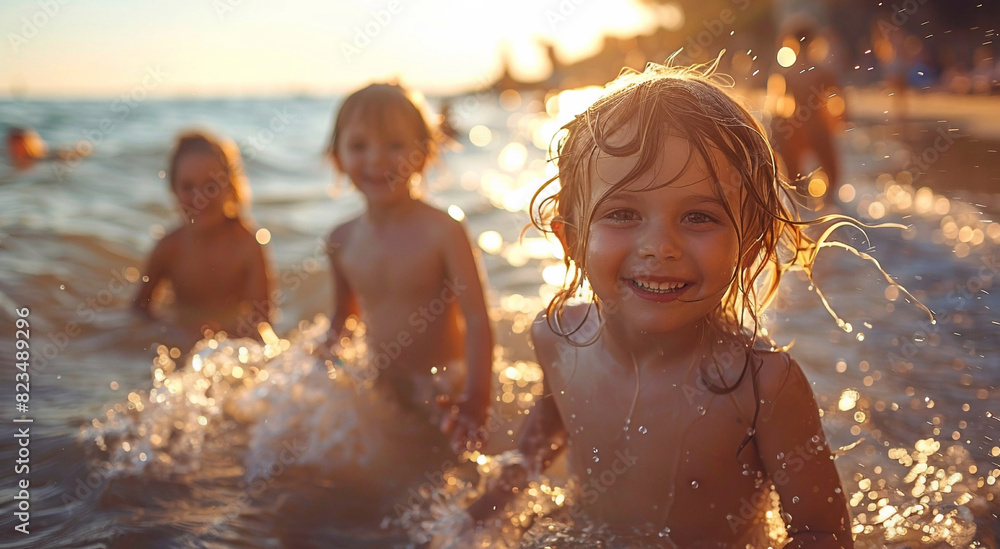 Happy kids playing in sea on the beach on sunny summer evening on holiday.Macro.AI Generative. Happy kids playing in sea on the beach on sunny summer evening on holiday.Macro.AI Generative.