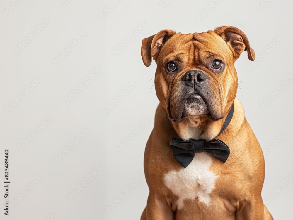 Cute bulldog wearing a black bow tie, sitting against a plain background, looking serious.