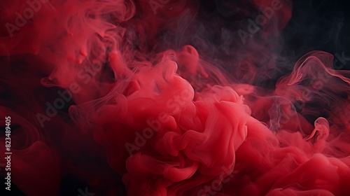 Abstract background of chaotically mixing puffs of red smoke on a dark background photo