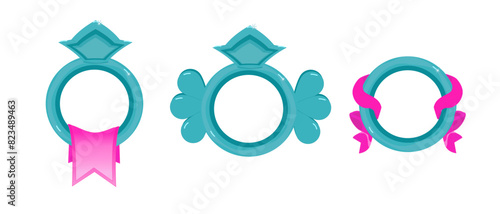 set 3 of avatar badge icons of light blue metal circle with cloth and pink ribbon for ui game design. Blank rank border with crown for medieval interface. banner, frame, 3d, victory, winner. RPG photo