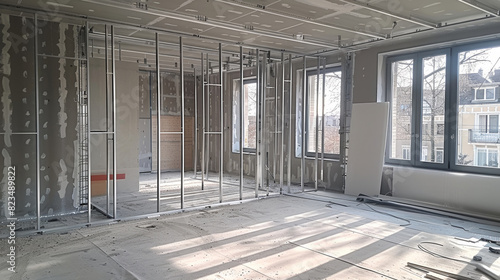 Working process of installing metal frames and plasterboard drywall for gypsum walls and materials are in apartment is under construction remodeling, renovation, extension, restoration  photo