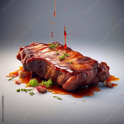 A tastefully executed of fried pork searing on a white background with Sauce pouring , clear JPEC
