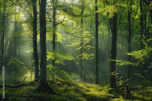 Green forest with beech trees  during spring time  with sun light and shadows  in a morning misty atmosphere.