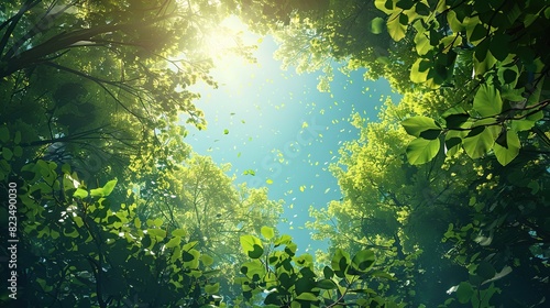 A3D rendered illustration of a podcast background inspired by nature  featuring a lush green forest  a clear blue sky  and sunlight streaming through the trees.  