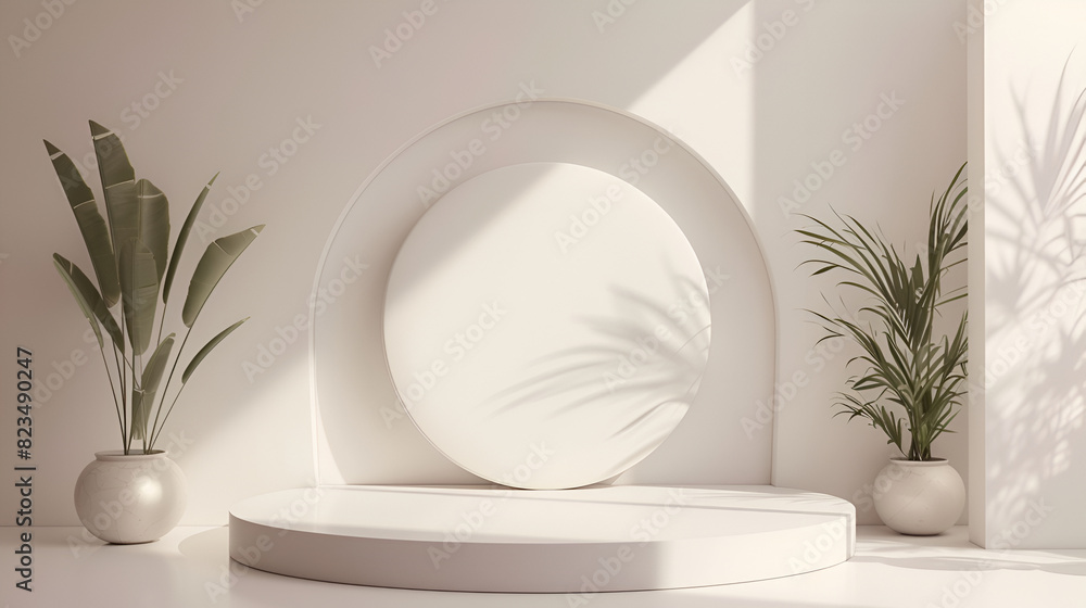 Minimalist abstract scene with round podium, 3d render, Round white podium in sunlight, tropical palm leaf with shadow on white table countertop, Minimalist interior design, 3d render, podium stage Minimalist abstract scene with round podium, 3d render, Round white podium in sunlight, tropical palm leaf with shadow on white table countertop, Minimalist interior design, 3d render, podium stage