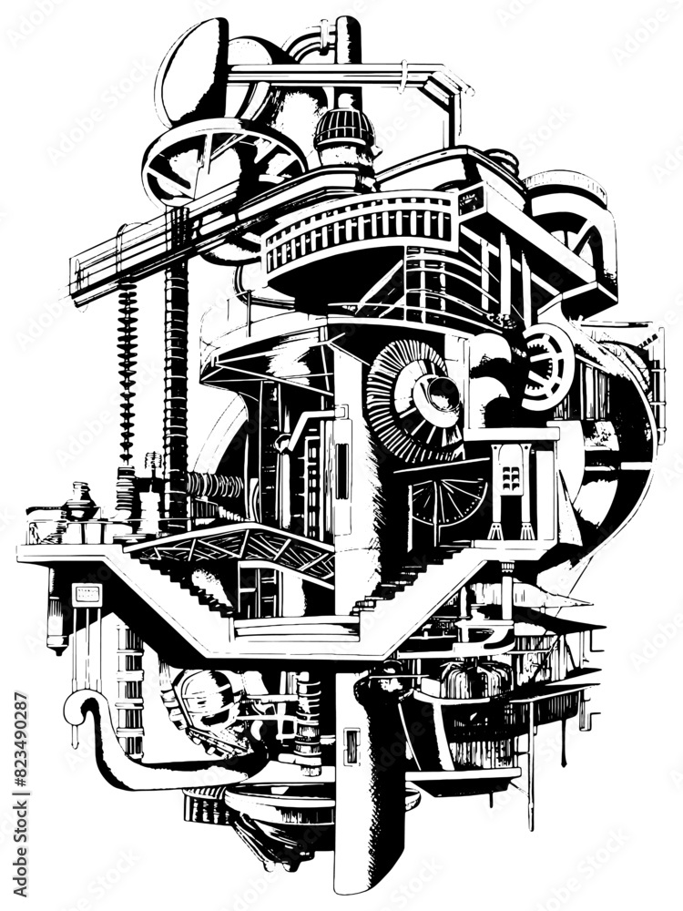 Fototapeta premium Mechanical house. Sketch board imitation. Vector, generative ai.