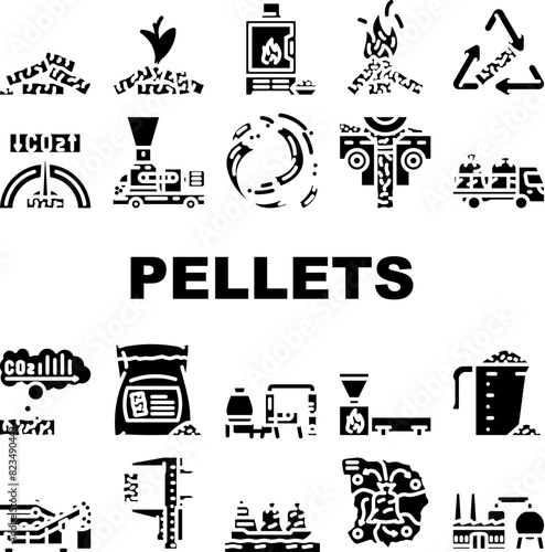wood pellets eco energy icons set vector. ecological environment, falling, fire firewood, flaming flowing, fossil fuel granule wood pellets eco energy glyph pictogram Illustrations