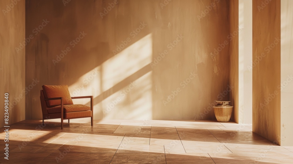 A chair is sitting in a room with a tan wall. The room is empty and has a simple, minimalistic design A chair is sitting in a room with a tan wall. The room is empty and has a simple, minimalistic design
