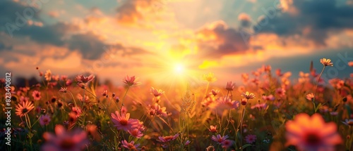 Vibrant sunset over a peaceful meadow with wildflowers and a gentle breeze