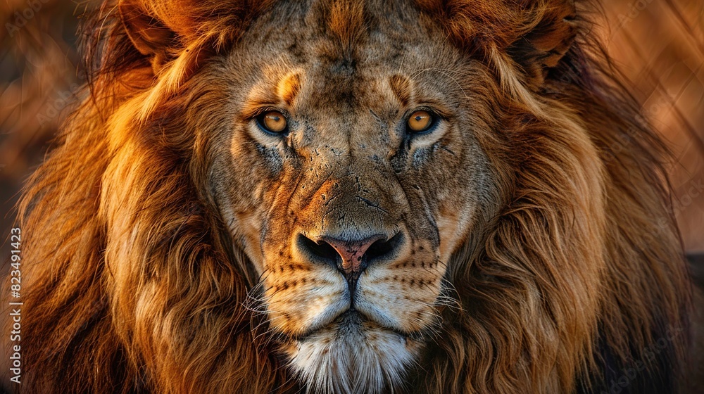 Create a stunning portrait of a majestic lion, showcasing its regal mane, 