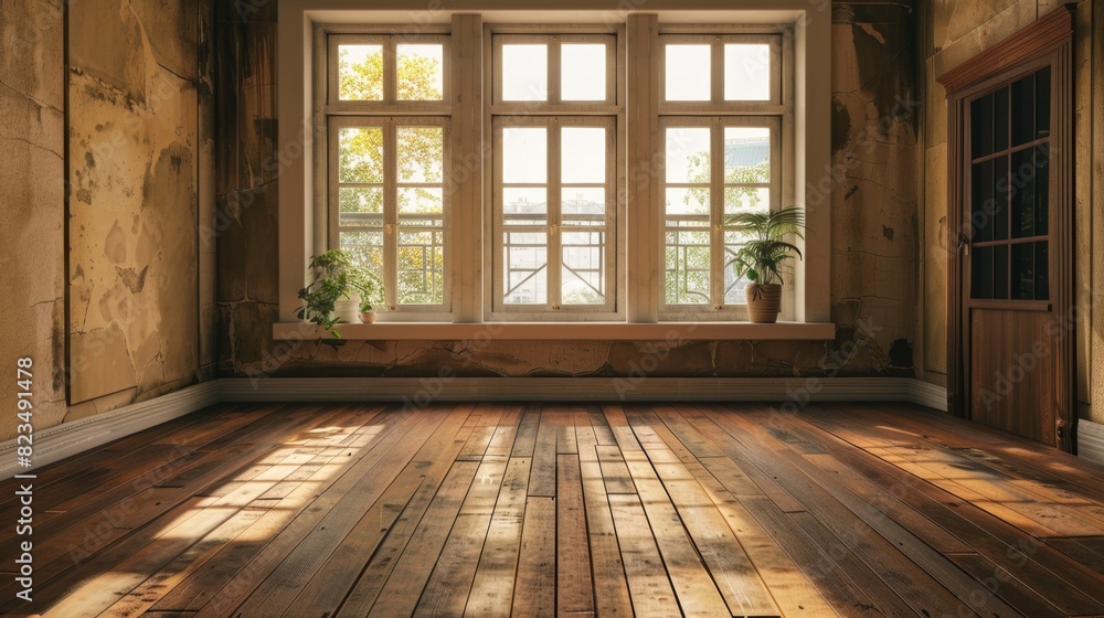 A large room with a window and a door. The room is empty and has a lot of natural light coming in through the window A large room with a window and a door. The room is empty and has a lot of natural light coming in through the window