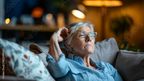 A woman is sitting on a couch with her head resting on her hand. She is wearing glasses and she is in a relaxed state