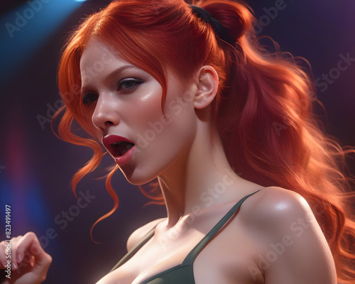 portrait of a woman with red long hair, redhead, mouth open