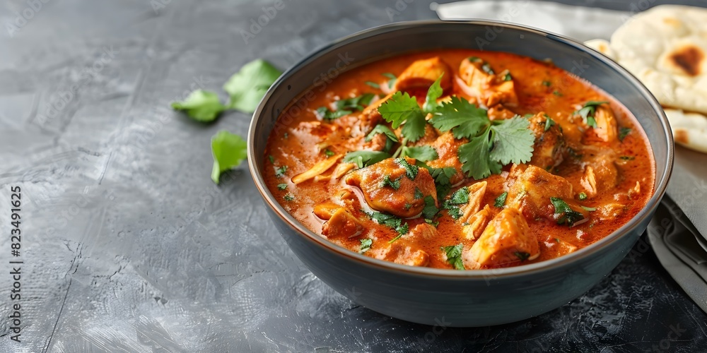 Indian chicken tikka masala curry in a bowl with copy space. Concept Indian Cuisine, Chicken Tikka Masala, Food Photography, Flavorful Dish, Copy Space Indian chicken tikka masala curry in a bowl with copy space. Concept Indian Cuisine, Chicken Tikka Masala, Food Photography, Flavorful Dish, Copy Space