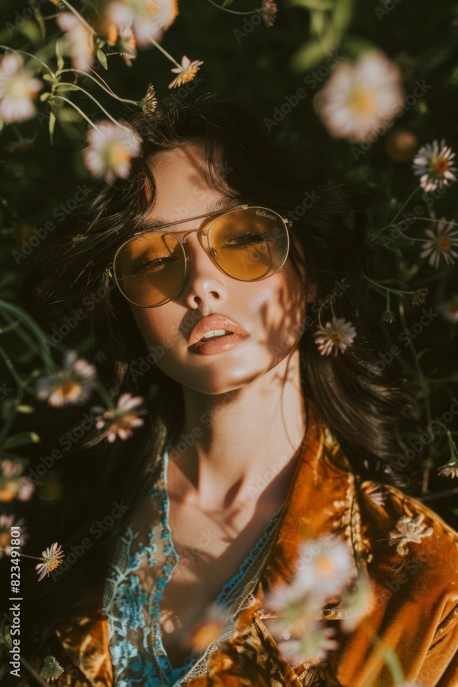 A high-fashion model poses among blooming flowers, wearing striking sunglasses, portraying allure A high-fashion model poses among blooming flowers, wearing striking sunglasses, portraying allure