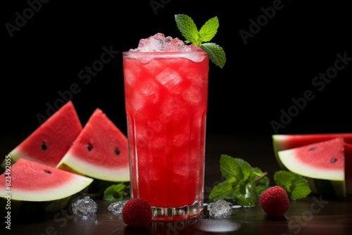 Iced watermelon drink garnished with mint  surrounded by watermelon slices and raspberries