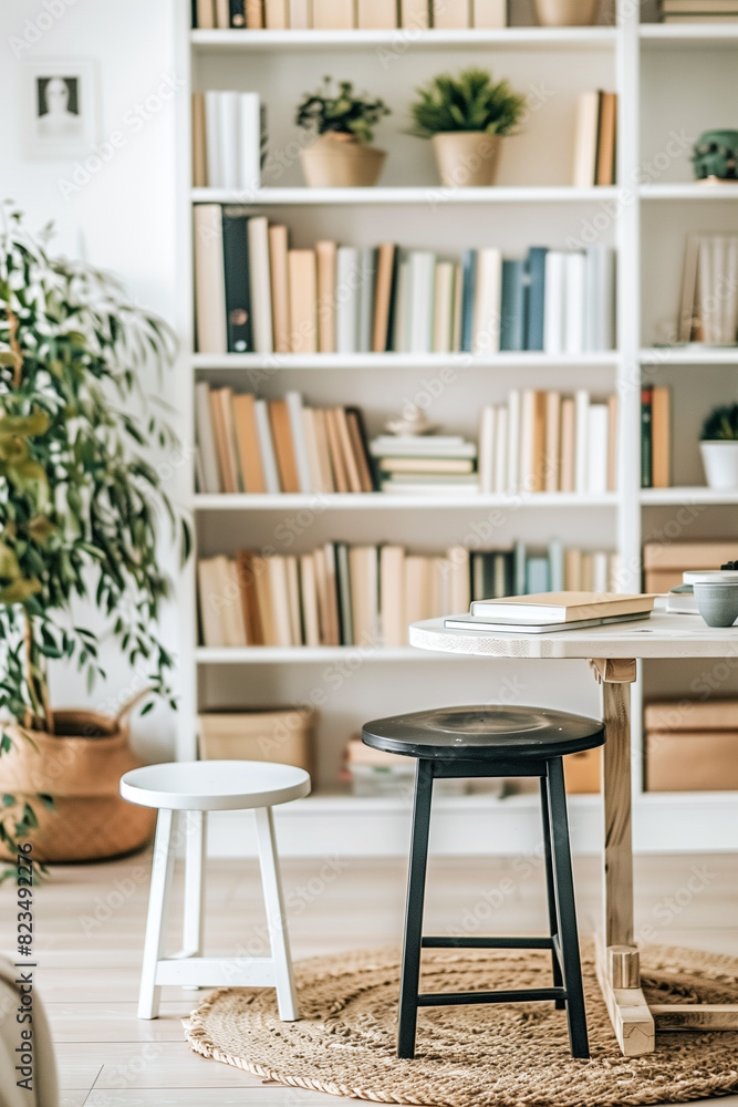 A white and black stool is in front of a white bookshelf