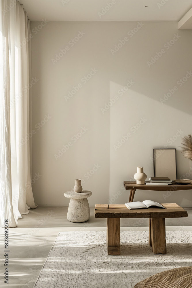 A living room with a white wall and a wooden coffee table A living room with a white wall and a wooden coffee table