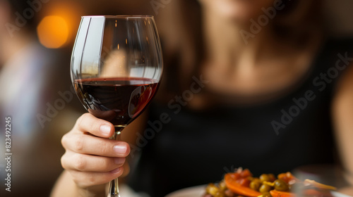 Close-up shot of a woman's hand holding a glass filled with aged red wine.