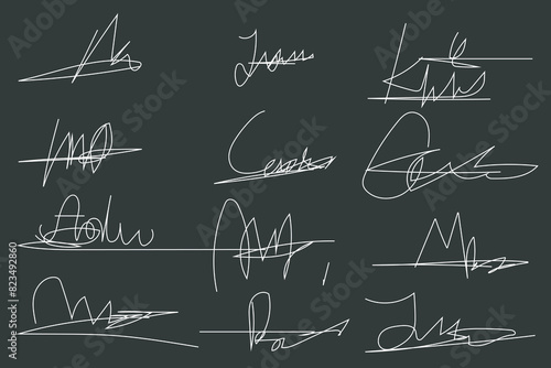 collection of fake signatures for hand drawn line art style illustrations on paper.