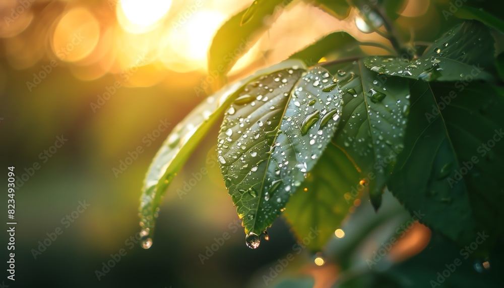 A closeup shot of a dewdrop on a green leaf in the morning,