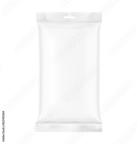 Blank realistic pillow bag with hang slot mockup. Front view. Vector illustration isolated on white background. Perfect to create your final pack shot. EPS10.