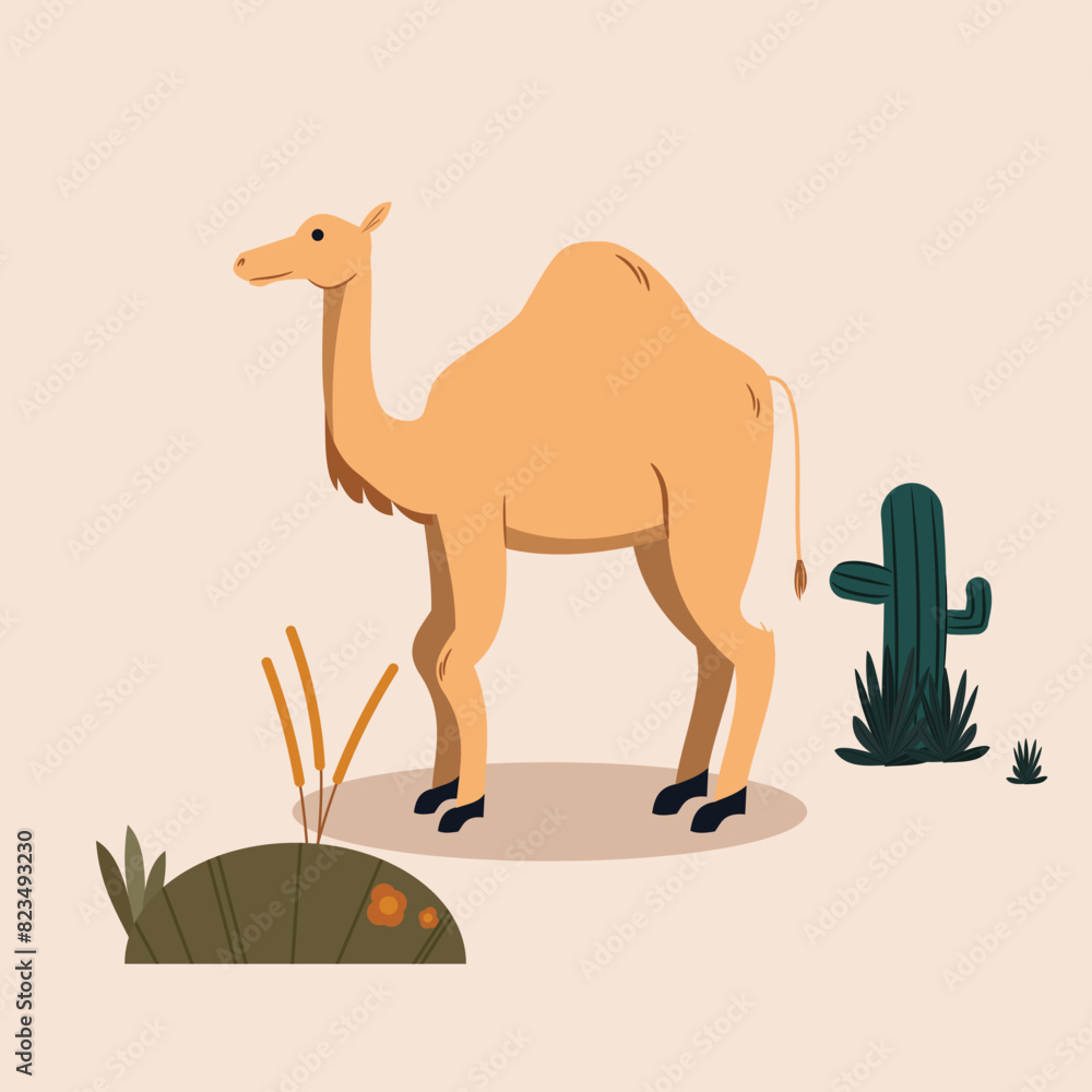 Fototapeta premium A flat-style vector illustration of a camel, with a few plant graphics surrounding it. This illustration is perfect for an Eid al-Adha animal theme