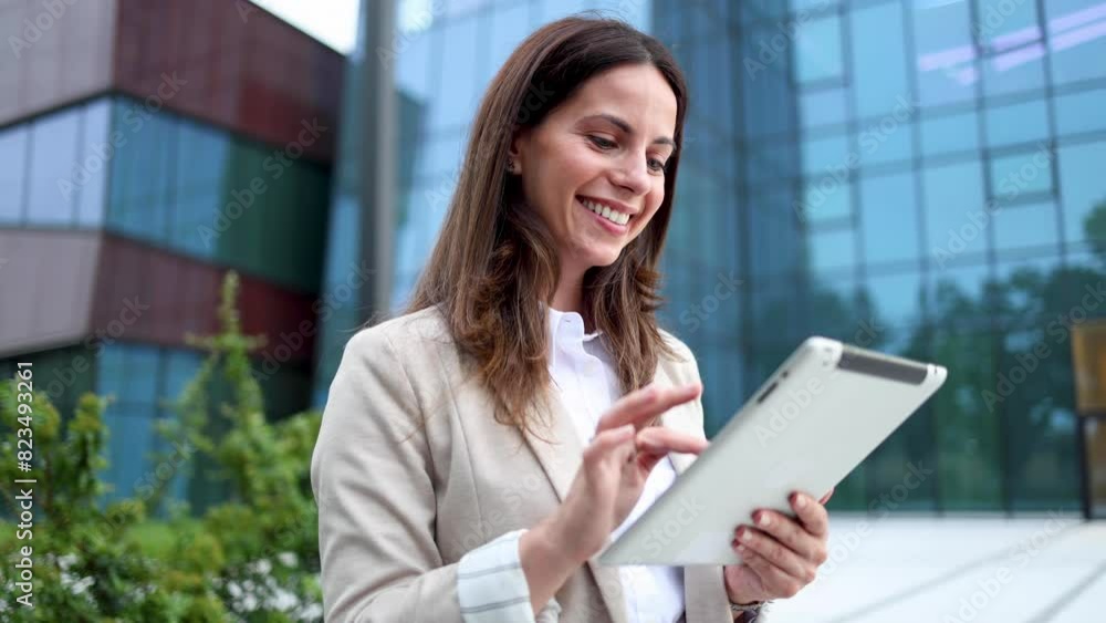 Young businesswoman working on a tablet in front of her company Young businesswoman working on a tablet in front of her company