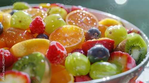 A vibrant fruit salad featuring a variety of fresh fruits like kiwi  grapes  berries  and oranges  perfect for a healthy snack.