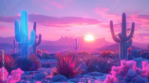 This image features a desert scene at sunset with neon-lit cacti casting a magical glow under a magenta sky photo