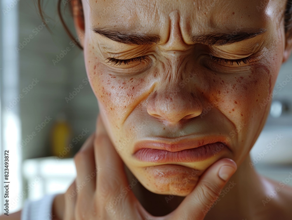 Close-up of a person with a distressed expression, furrowed brows, and a hand on their chin. Emotional reaction captured in natural light. Close-up of a person with a distressed expression, furrowed brows, and a hand on their chin. Emotional reaction captured in natural light.