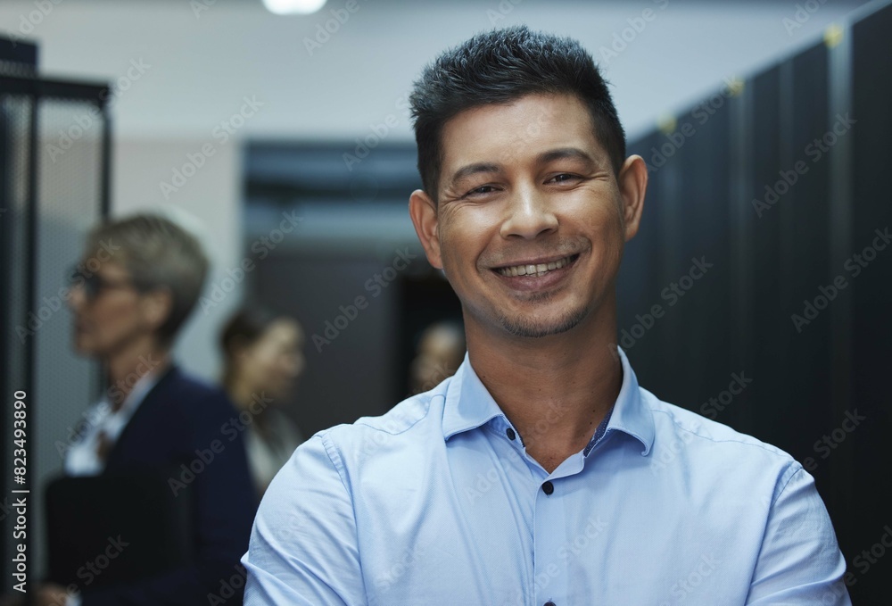 Data center, server room and portrait of man with team for programming, coding and information technology. Cybersecurity, IT and technician manager for inspection, maintenance and software backup Data center, server room and portrait of man with team for programming, coding and information technology. Cybersecurity, IT and technician manager for inspection, maintenance and software backup