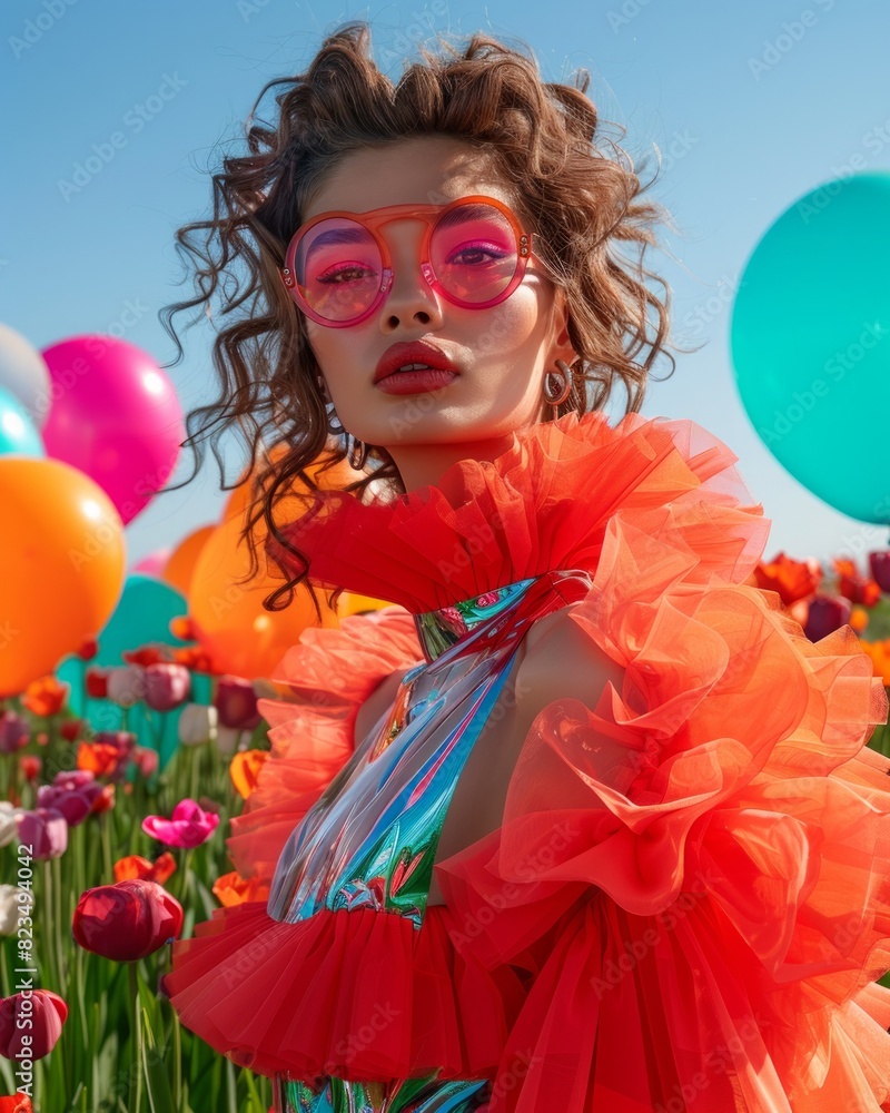 Obraz premium The model's pink sunglasses match her vibrant orange dress, creating a dynamic and fashionable look against a colorful backdrop of balloons and tulips