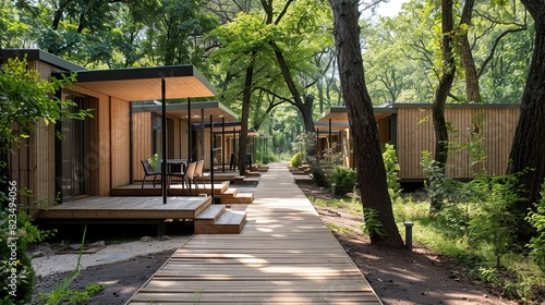 A wooden walkway through a forest. There are small cabins on both sides of the walkway.