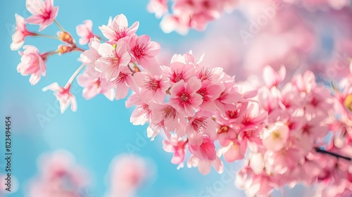 Closeup of blooming cherry blossom tree, with delicate pink flowers contrasting against clear blue sky © Purichaya