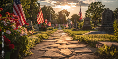 Memorial Day in the USA. American flags on the graves in the cemetery. Baner