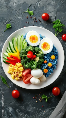A vibrant, healthy salad bowl with blue noodles, fresh vegetables, and boiled eggs, perfect for a nutritious meal.