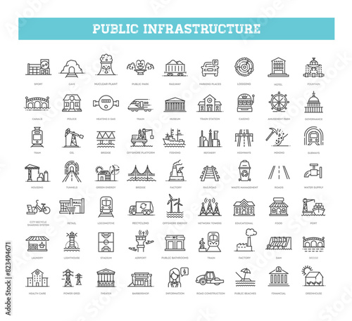 Set of line icons related to public infrastructure