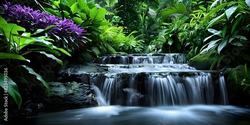 Lush jungle scene with running stream and tropical plants in natural setting. Concept Lush Jungle Scene  Running Stream  Tropical Plants  Natural Setting