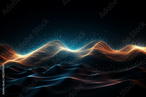 Abstract digital landscape with flowing waves of glowing particles  symbolizing connectivity and technology