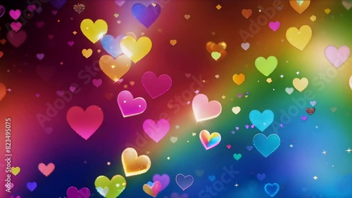 Glittering bokeh and shapes of hearts in rainbow colors